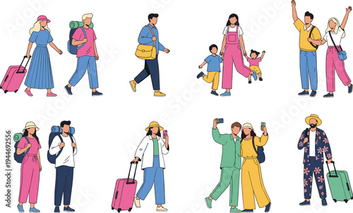 Illustrated collection of diverse travelers with luggage, backpacks, handbags, posing for selfies, family travel, tourism lifestyle, modern journey concept