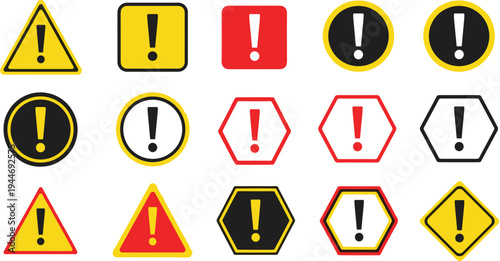 Warning sign icons set caution alert danger symbols exclamation mark safety hazard notification badges vector illustration collection