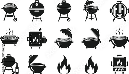  Collection of black and white barbecue grill and smoker icons featuring flames, outdoor cooking equipment, and diverse grilling styles for design use