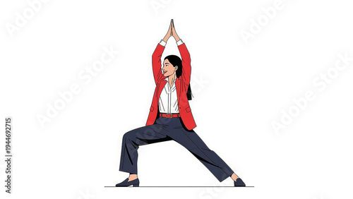A businesswoman in a red blazer doing a yoga pose in the office