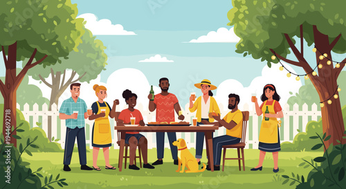 Group of friends enjoying outdoor backyard barbecue gathering with picnic table, food, drinks, dog, and festive string lights atmosphere