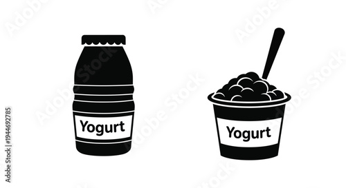 Black yogurt containers and open cup a simple graphic silhouette