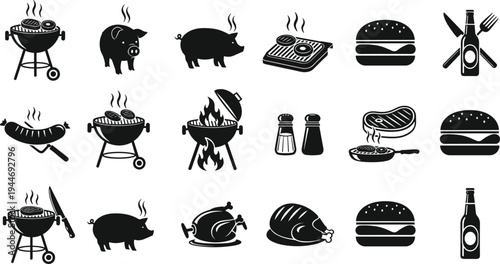 Black and white barbecue food and grill icons featuring meat, sausages, chicken, utensils, flames, and cooking equipment for outdoor design