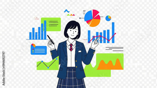 A businesswoman in a blue suit analyzing colorful charts and graphs