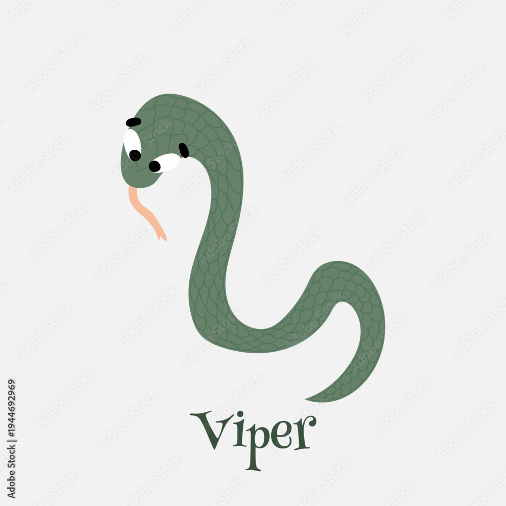 Obraz premium Cute cartoon snake. Happy animal character. green viper card. Vector illustration isolated on white background. Picture for a childrens card