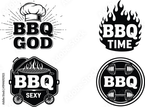 Creative collection of black and white barbecue logo designs featuring chef hat, flame, grill lid, crossed forks, and bold typography