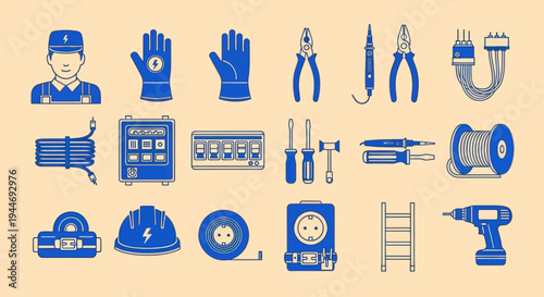 Electrician Tools and Equipment Icons Set - Blue on Beige Background