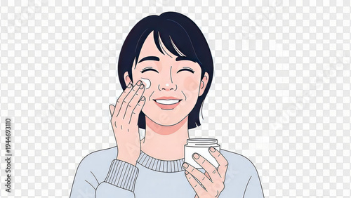 A smiling woman applying cream to her face with a cotton pad
