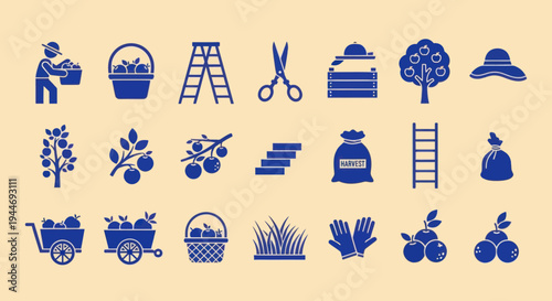 Apple Picking Icons: Harvest, Farming, Orchard Tools, Fruit, Garden, Agriculture Set