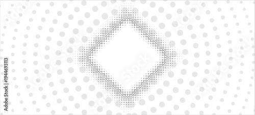 Abstract white halftone dots background with diamond shape composition. Modern minimal dotted pattern with gradient circle dots creating geometric frame in the center.