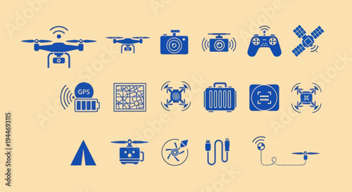 Drone Technology Icons Set: Aerial Photography, Navigation, and Control