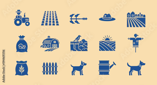 Farm Icons: Farmer, Tractor, Barn, Scarecrow, Fields, Animals, Seeds, Fence, Watering Can