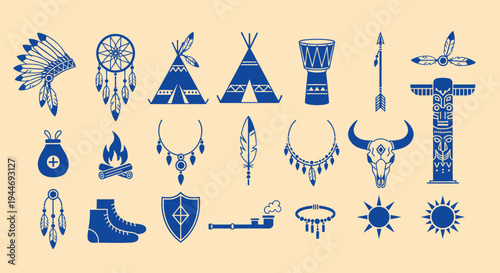Native American Tribal Icons Set: Dreamcatcher, Teepee, Totem, Feather, Drum