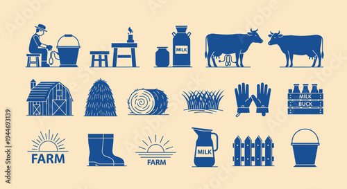 Farm Icons: Milking Cow, Barn, Hay Bale, Milk Jug, Farmer, Rural Life