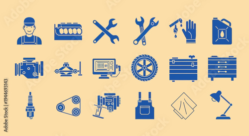 Car Repair Icons Set: Mechanic, Engine, Tools, Car Parts, Equipment