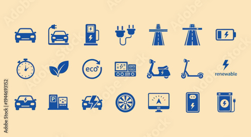 Electric Vehicle Technology Icons Set: Cars, Scooters, Charging Stations, Renewable Energy