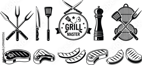 Vintage black and white barbecue grill master emblem with cooking utensils, meat fork, spatula, knives, sausages, ribs, steaks illustration
