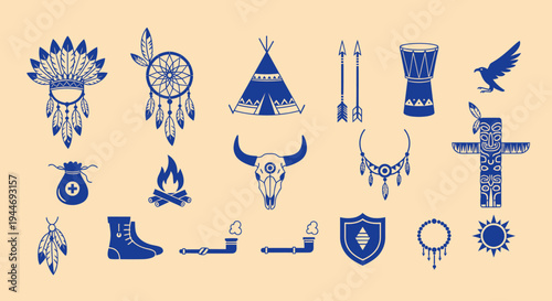 Native American Indian Tribal Symbols Icons Set - Vector Illustration