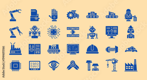 Industrial Automation Icons: Robots, Manufacturing, Technology, Industry 4.0
