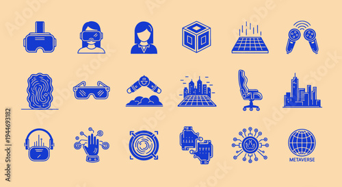 Blue Icons Representing Metaverse, VR, Technology, and Digital Concepts on Beige Background