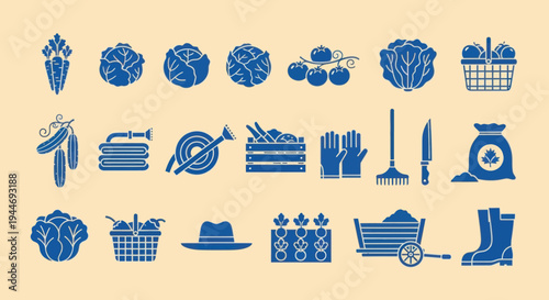 Gardening Icons: Vegetables, Tools, and Supplies - Blue on Beige