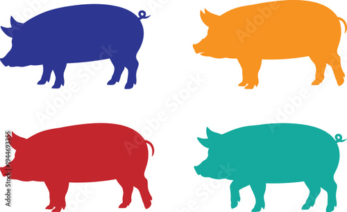 Four stylized pigs in different solid colors arranged in a square formation