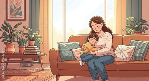 Warm mother sitting on couch with child on her lap in cozy living room on transparent background