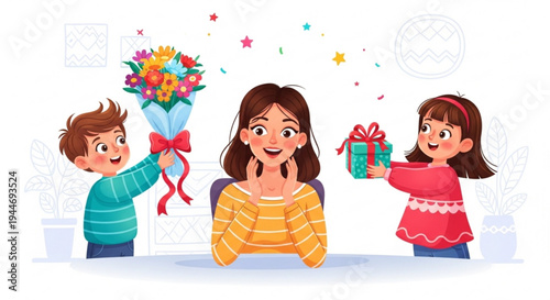 Happy woman receiving gifts from kids on special occasion on transparent background