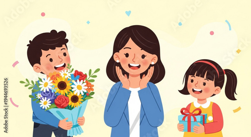 Happy family with a man holding flowers and a girl holding a gift on mother's day on transparent background