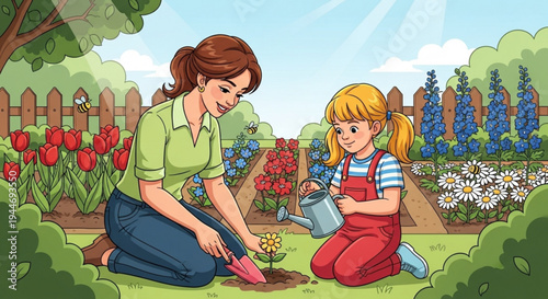 Woman and little girl planting flower in garden on transparent background