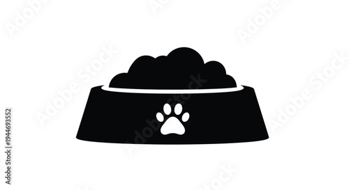 A black silhouette of a pet food bowl with a paw print silhouette
