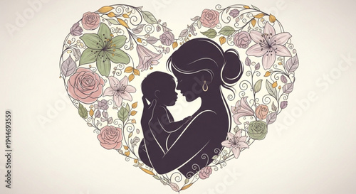 Mother and child silhouette in heart floral pattern on transparent background
