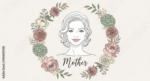 Mother surrounded by floral wreath with pink and green flowers on transparent background