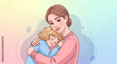 Mother tenderly hugging her sleeping child on colorful gradient background on transparent background