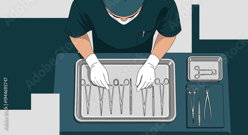 Surgeon preparing surgical instruments for operation, sterile tray with tools, medical equipment