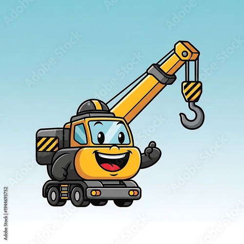 Smiling cartoon crane truck with hook.