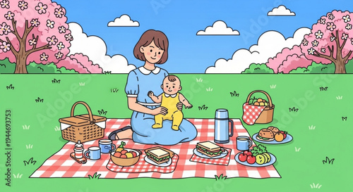 Woman and baby enjoy outdoor picnic on red checkered blanket on transparent background