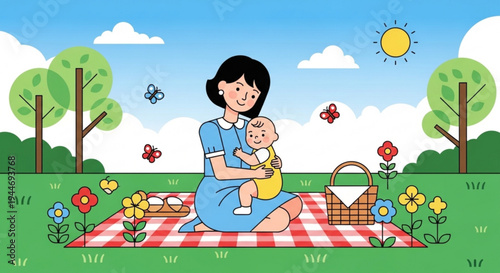 Mother and baby enjoying a picnic on a red and white checkered blanket on transparent background