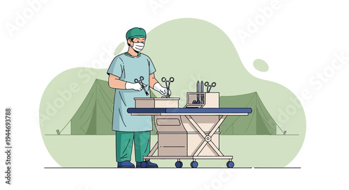 Surgeon Preparing Surgical Instruments in a Field Hospital Tent