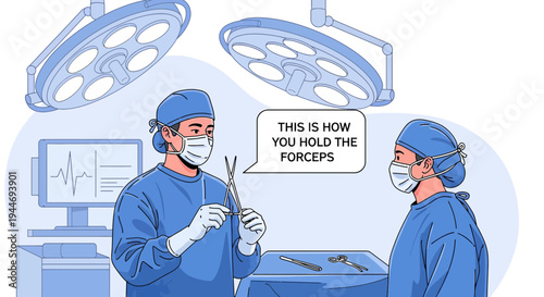 Surgeon Teaching Forceps Technique in Operating Room