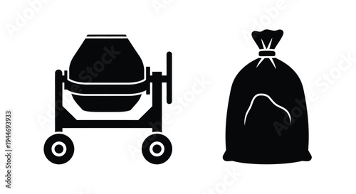 Construction equipment including a cement mixer and bag black silhouette