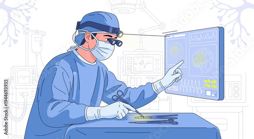 Surgeon uses advanced technology and brain scan for neurosurgery in operating room