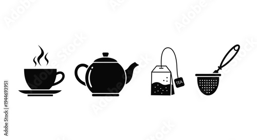Black tea set including cup pot and strainer a silhouette