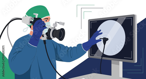 Surgeon using advanced endoscopic camera for minimally invasive surgery on monitor