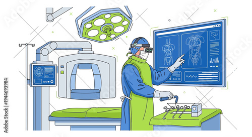 Surgeon uses VR headset and futuristic interface for advanced medical imaging and surgery simulation