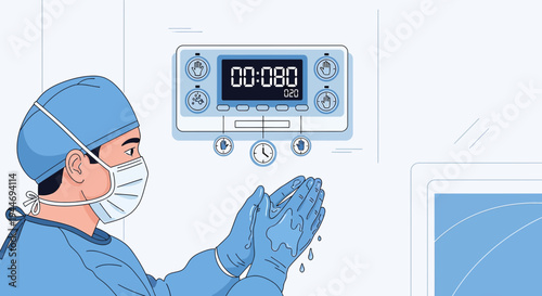 Surgeon Washing Hands Before Operation, Timer Displaying 00:80