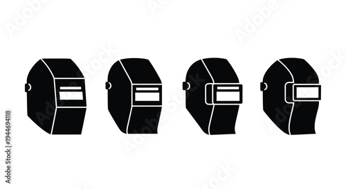 Four welding masks displayed in various perspectives a striking silhouette