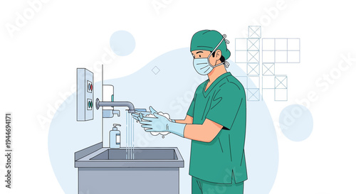 Surgeon washing hands before surgery, medical hygiene, sterile procedure, healthcare worker in scrubs