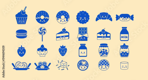 Cute Kawaii Food Icons: Sweets, Desserts, and Drinks Set