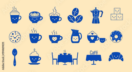 Kawaii Coffee Shop Icons: Cute Drinks, Pastries, and Cafe Elements